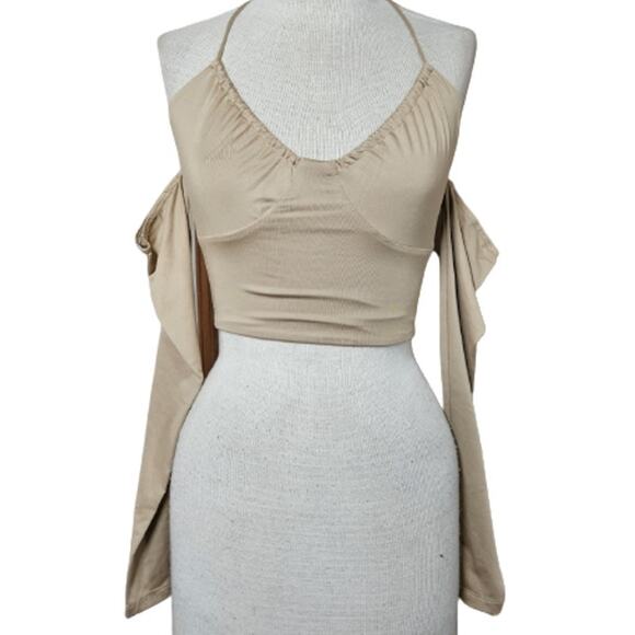 Princess Polly Tan Halter Open Shoulder Long Sleeve Crop Top Size 4 - Picture 1 of 5